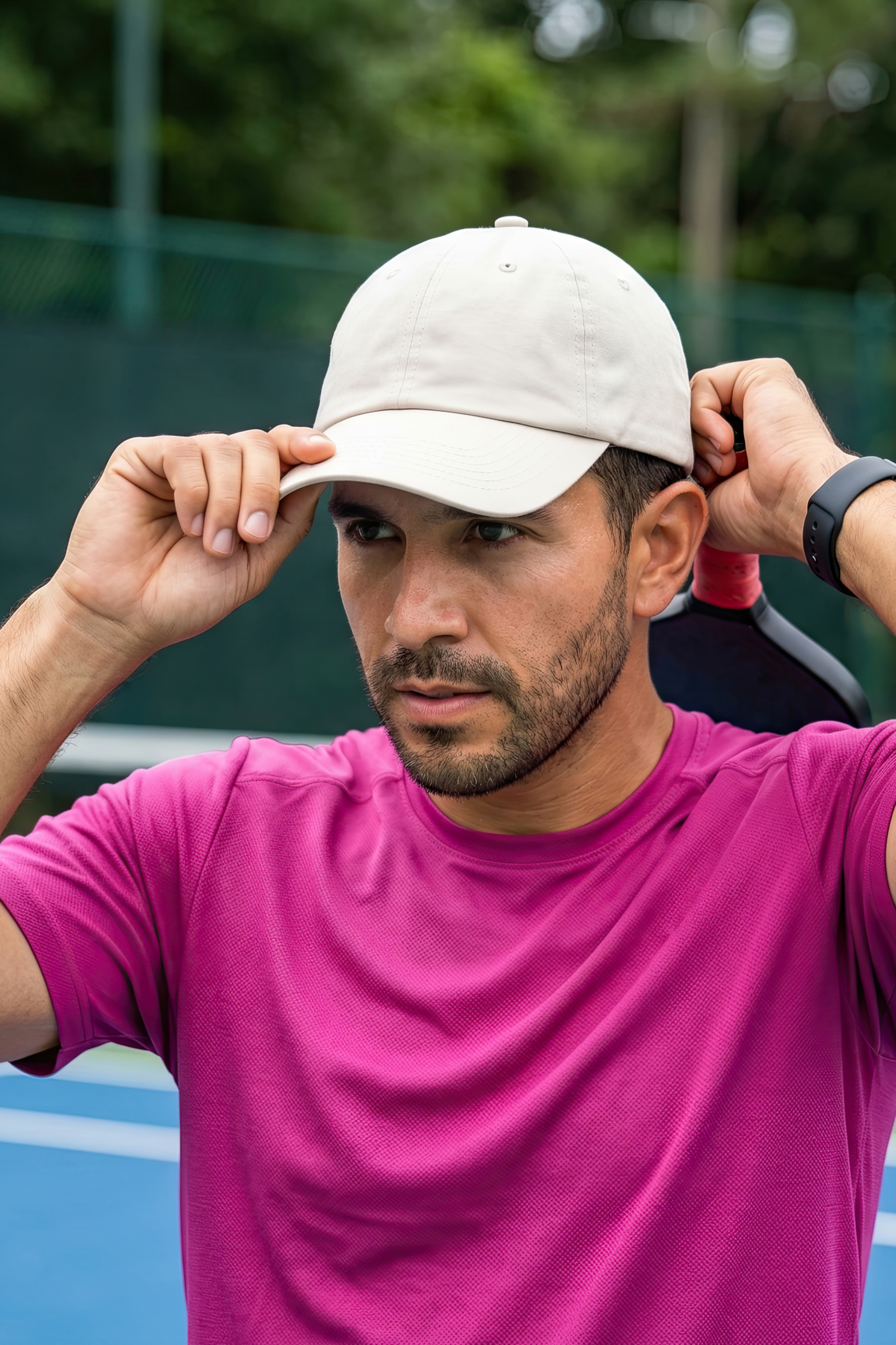 Portrait of pickleball coach Mark Chomko wearing a pink shirt and white hat on an outdoor court