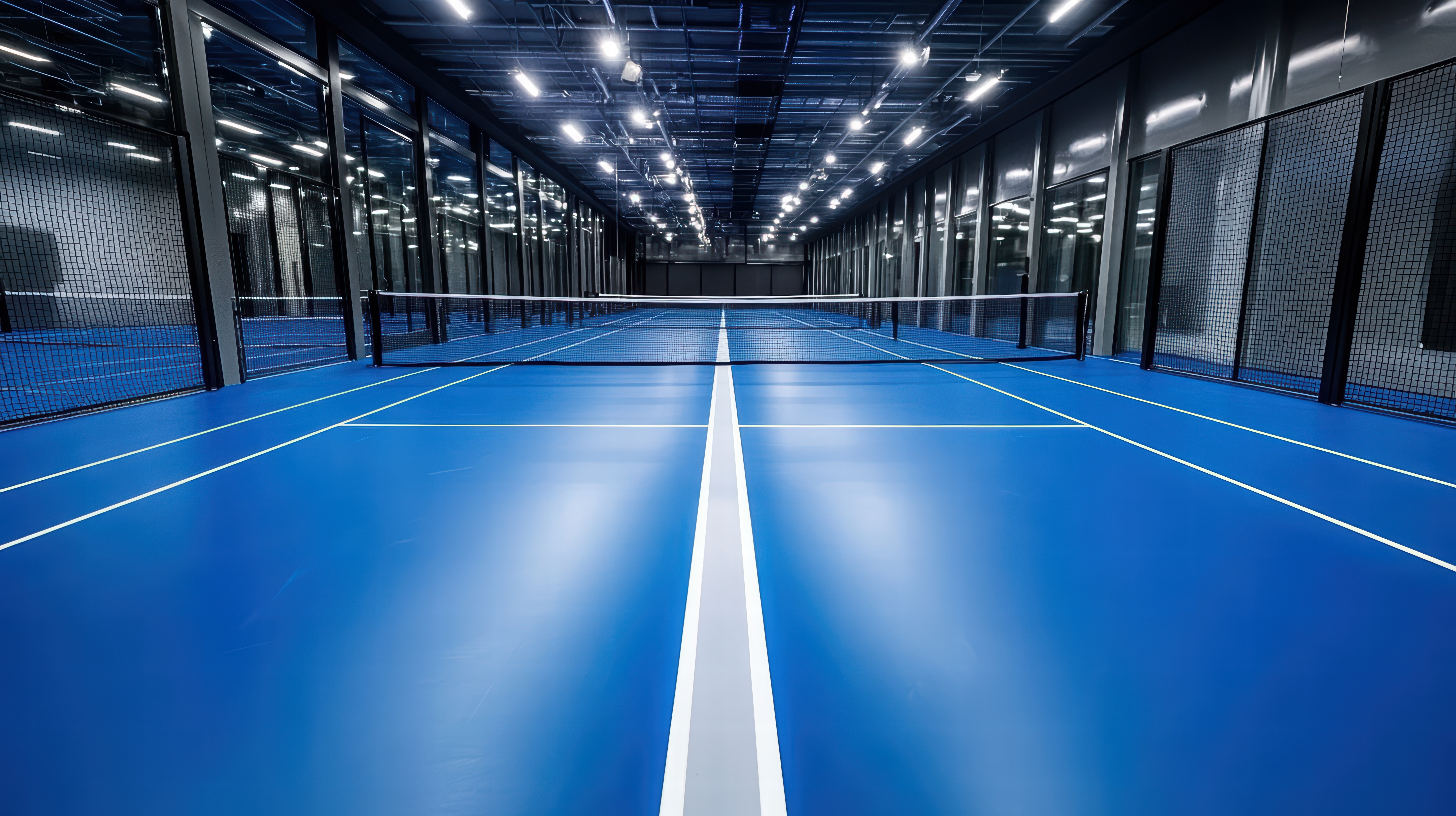 Empty indoor pickleball courts with blue surfacing at Epic Pickleball Club