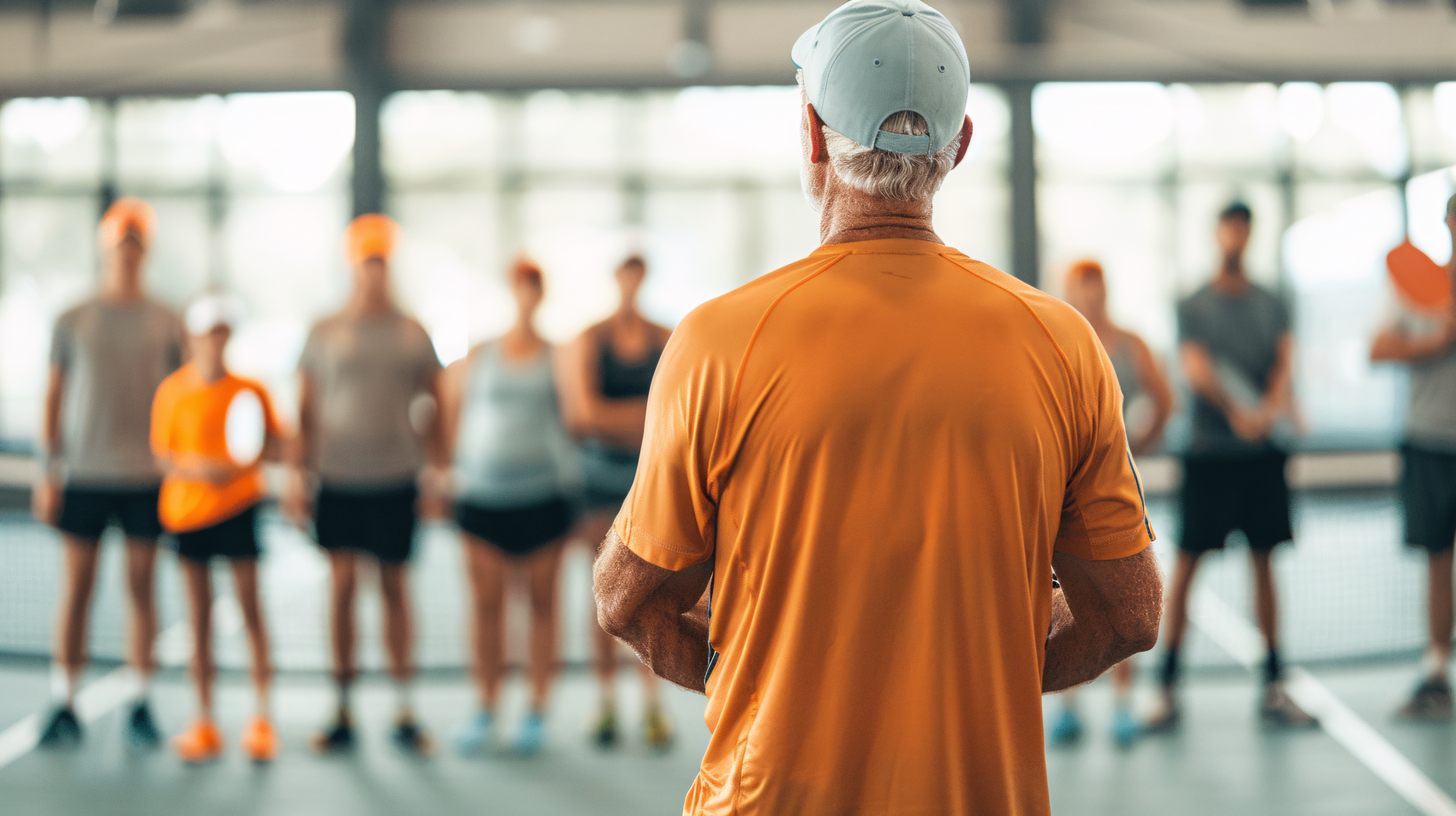 A pickleball coach in an orange shirt addressing a class of players on the court