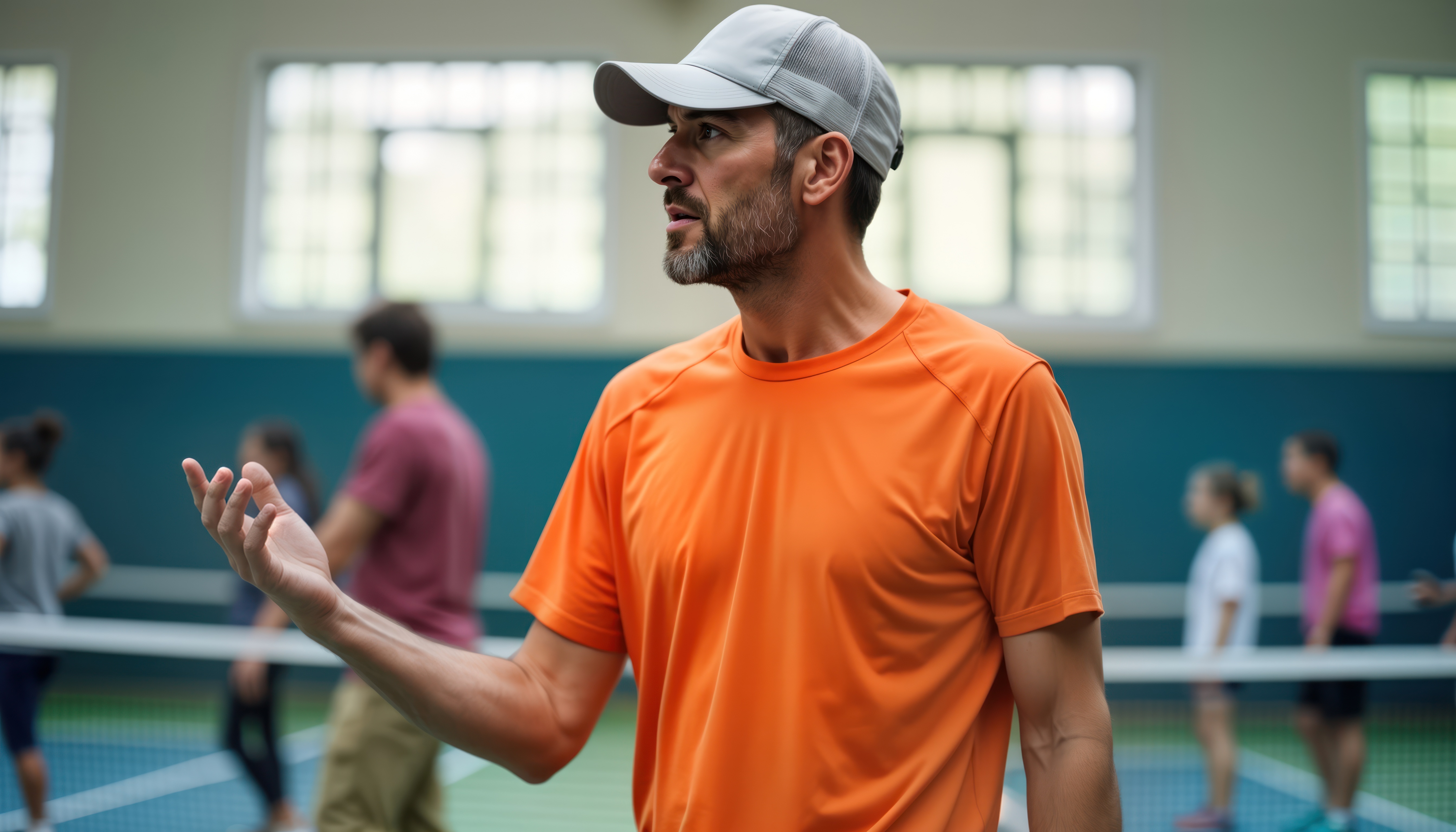A professional pickleball coach in an orange shirt giving instructions on the court