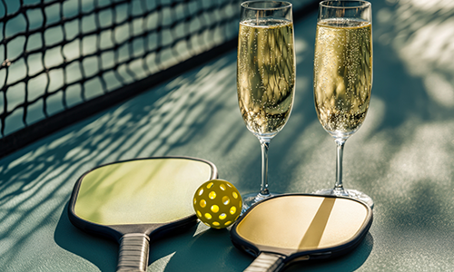 Two champagne flutes, pickleball paddles, and a yellow ball resting on a court next to the net