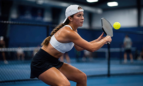 A female player in a black jacket practicing a forehand stroke on a blue pickleball court