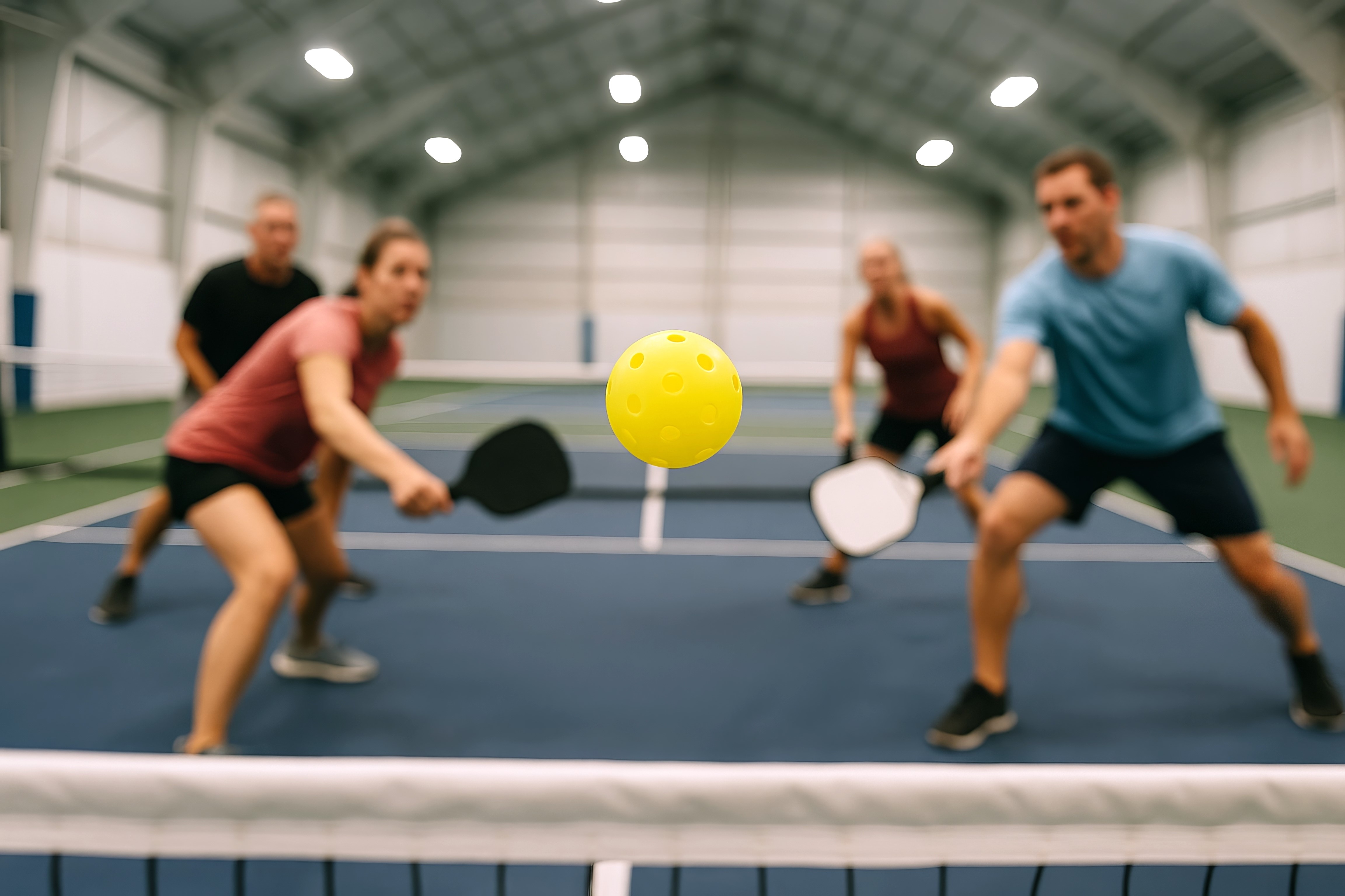 Four players in action during a doubles pickleball match with focus on a yellow ball suspended over the net